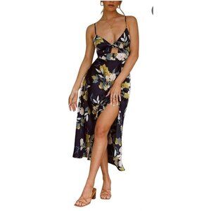 Fashionme Womens 3XL Navy Floral Maxi Dress Tie Front Detail Adjustable Straps